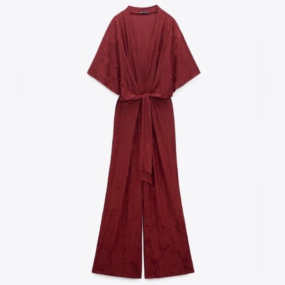 Zara Pants - New Zara Jumpsuit Faux Wrap Neckline Red Jacquard Knit Short Sleeve Women’s M
